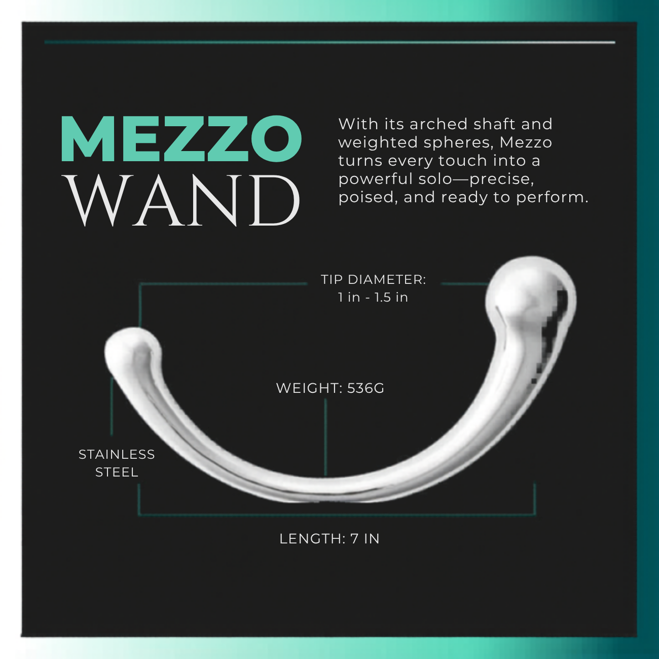 A stainless steel Mezzo wand against a black background showing the measurments.