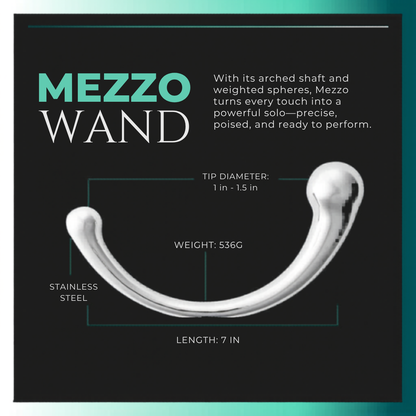 A stainless steel Mezzo wand against a black background showing the measurments.