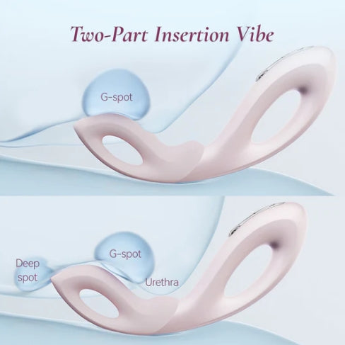 Diagram of a two-part insertion vibe with labeled G-spot and urethra on a light blue background.