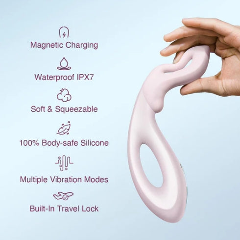 Pink silicone device held by a hand with features listed on a light blue background