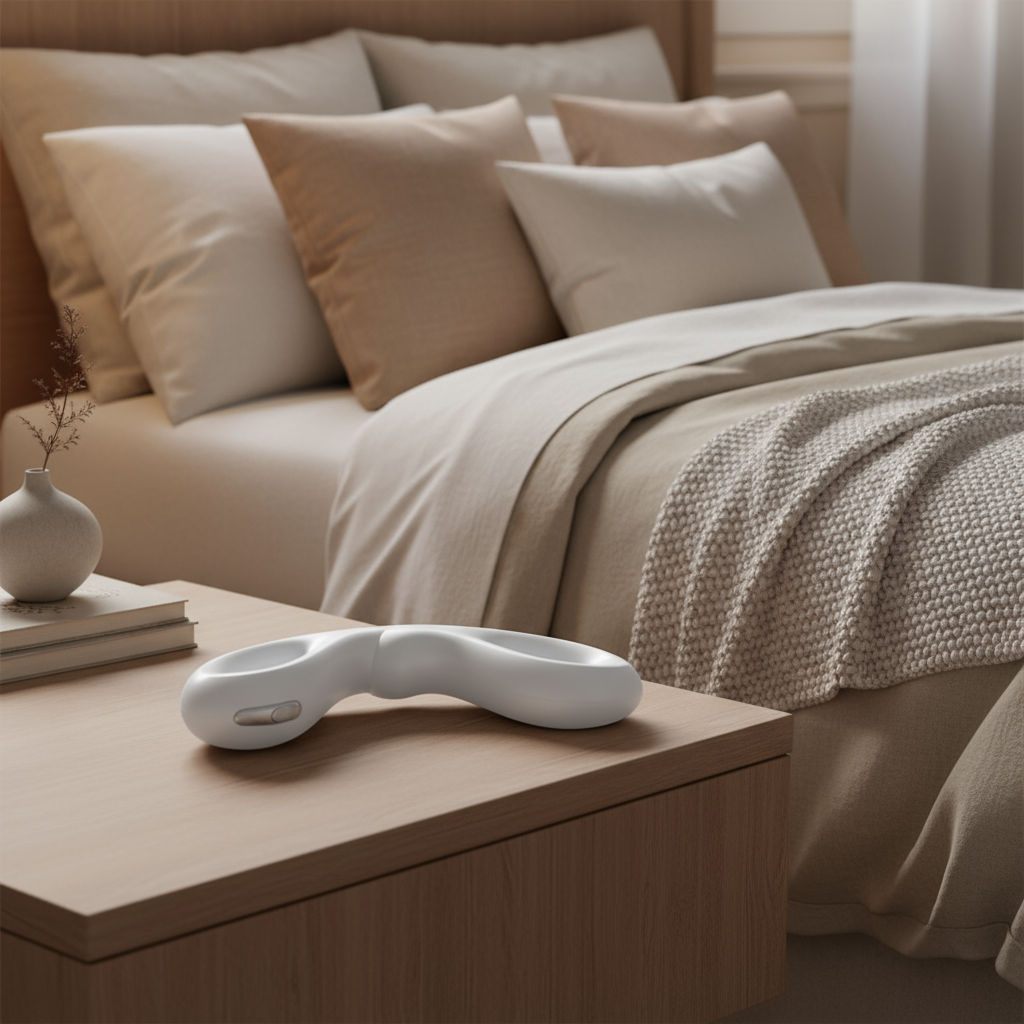 Mobius laying on a cozy bedside table.