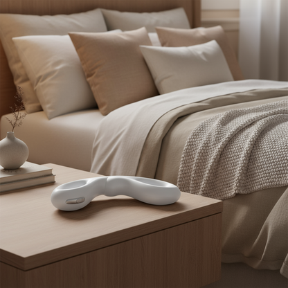 Mobius laying on a cozy bedside table.