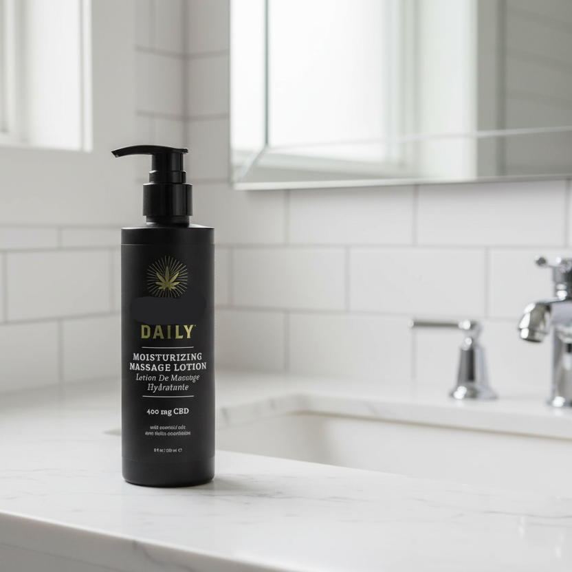 A black pump bottle of moisturizing massage lotion containg CBD sitting next to a sink.