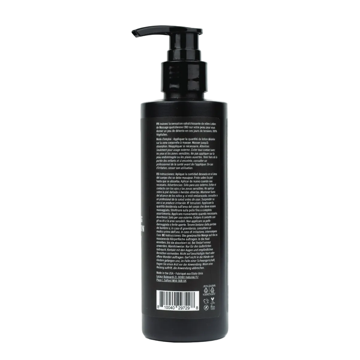 A back of a black pump bottle of moisturizing massage lotion containg CBD showing the directions and ingredients.