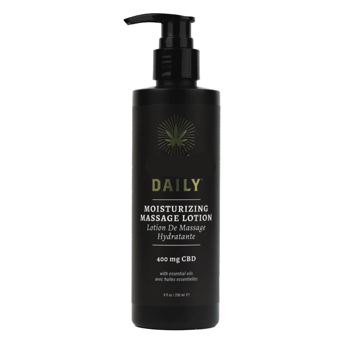 A black pump bottle of moisturizing massage lotion containg CBD.