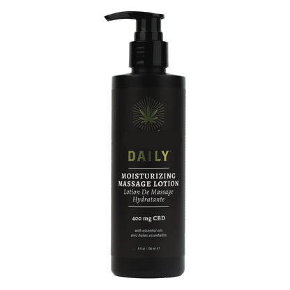 A black pump bottle of moisturizing massage lotion containg CBD.