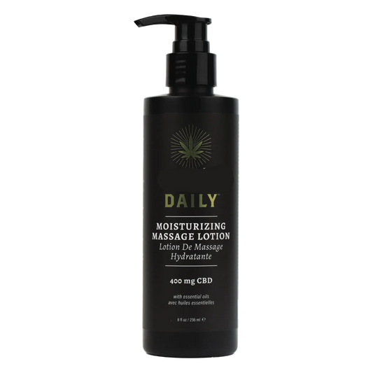 A black pump bottle of moisturizing massage lotion containg CBD.