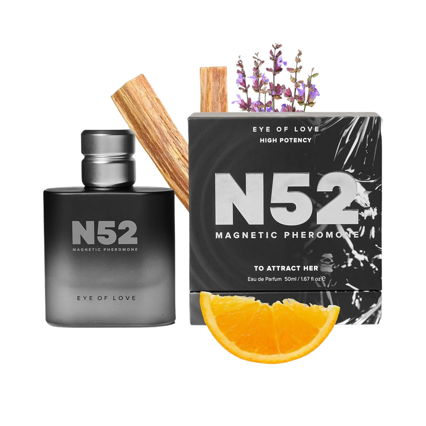 A black bottle of N52 Magnetic Pheromone Cologne by Eye of Love sitting next to the box, an orange slice and some lavender.