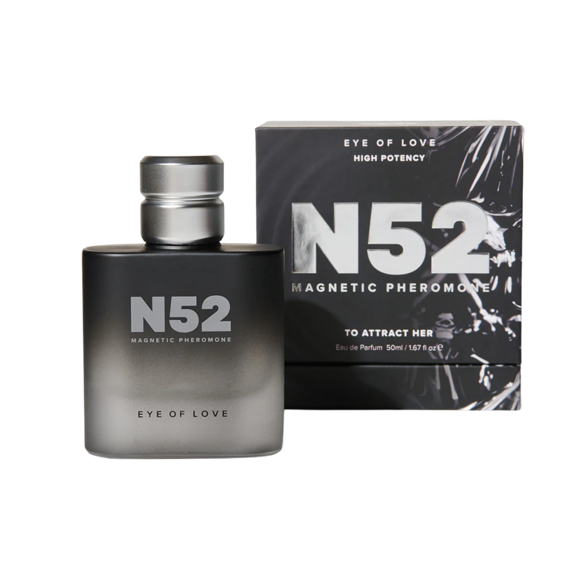 A black bottle of N52 Magnetic Pheromone Cologne by Eye of Love sitting next to the box.