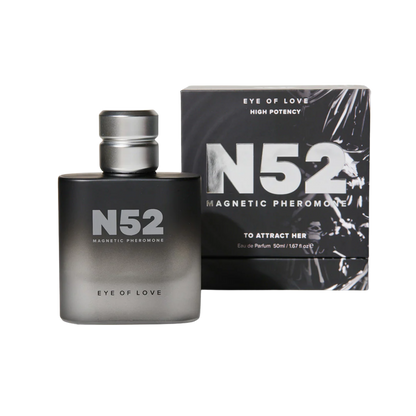 A black bottle of N52 Magnetic Pheromone Cologne by Eye of Love sitting next to the box.