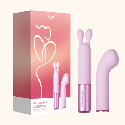 Two purple pieces to the Naughty Collection Vibrator Duo against a white background next to the box.