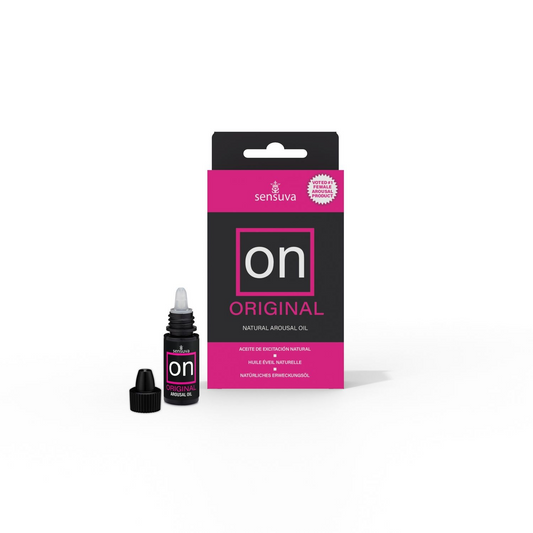 A small black bottle of ON Arousal Original Gel by Sunsuva sitting next to its box against a white background.