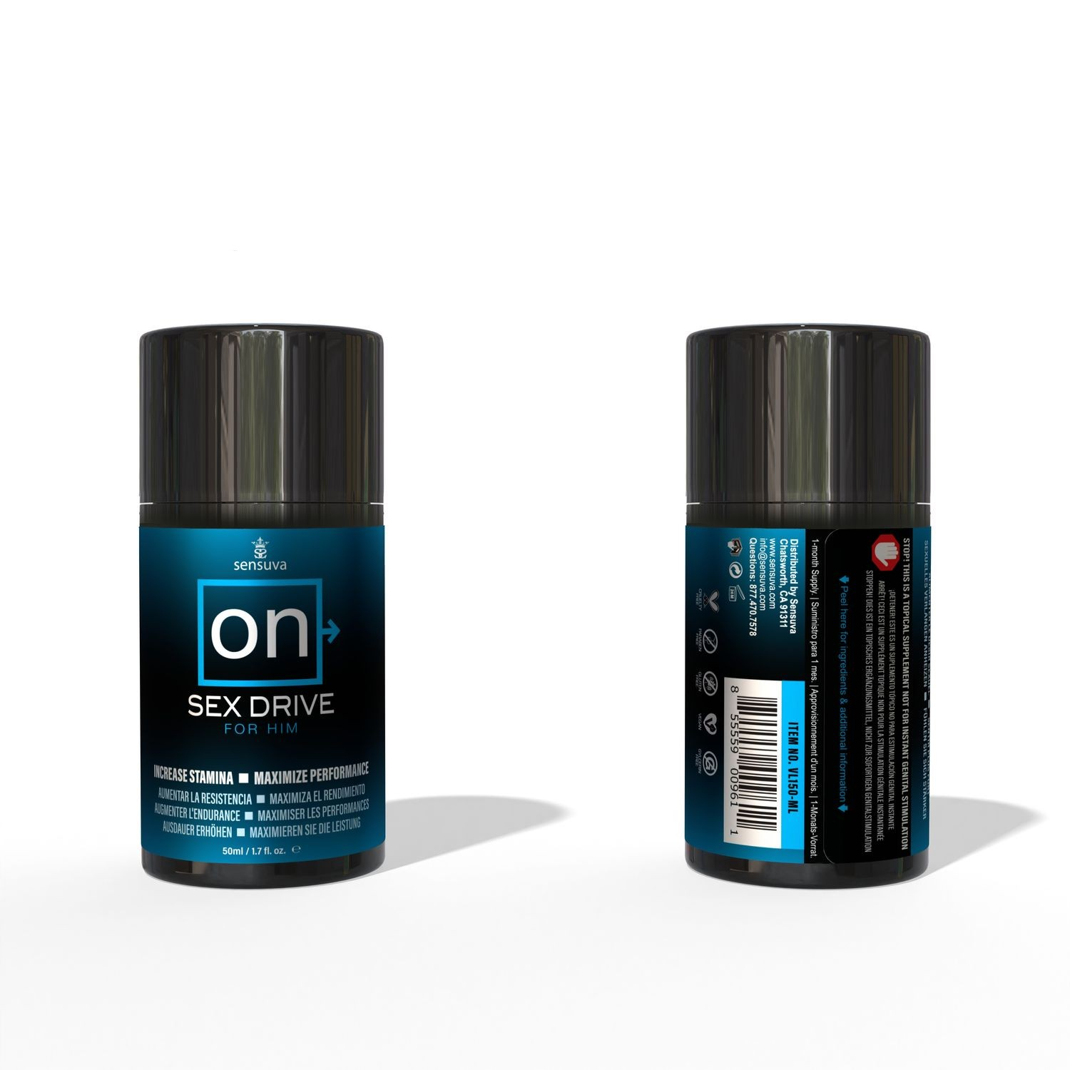 Two bottles of Sex drive enhancement cream with 'on' label on a white background with one showing the back.