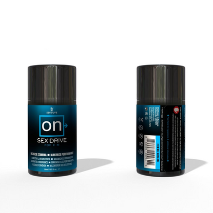 Two bottles of Sex drive enhancement cream with 'on' label on a white background with one showing the back.