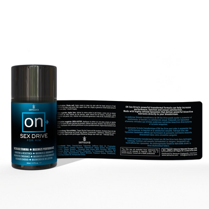 A bottle of Sex drive enhancement cream with 'on' label on a white background with the label extended to show the directions and ingredients.