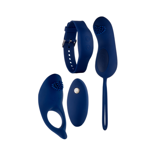 Four blue pieces of Our Little Secret by Euforia showing the wearable pieces and remote.