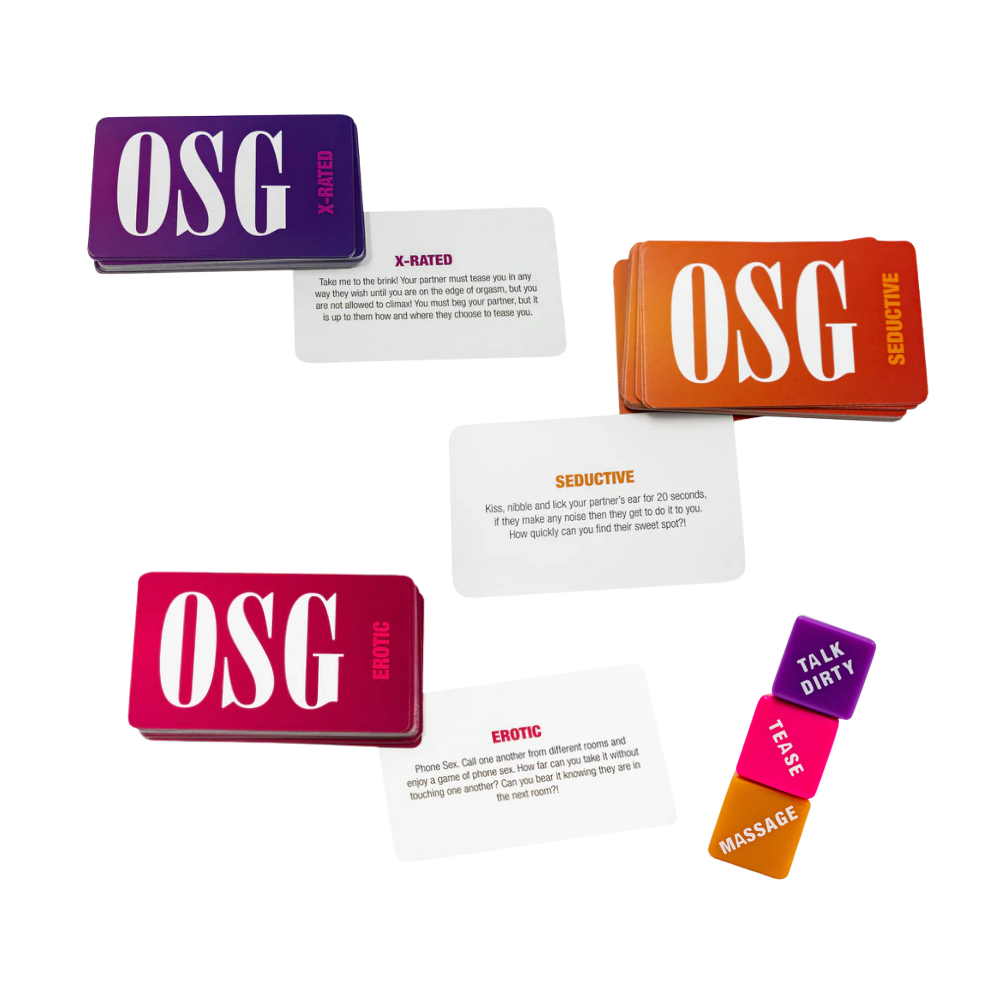 The X-Rated, Seductive and Erotic cards for Our Sex Game next to three dice.