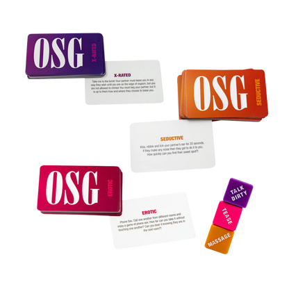 The X-Rated, Seductive and Erotic cards for Our Sex Game next to three dice.