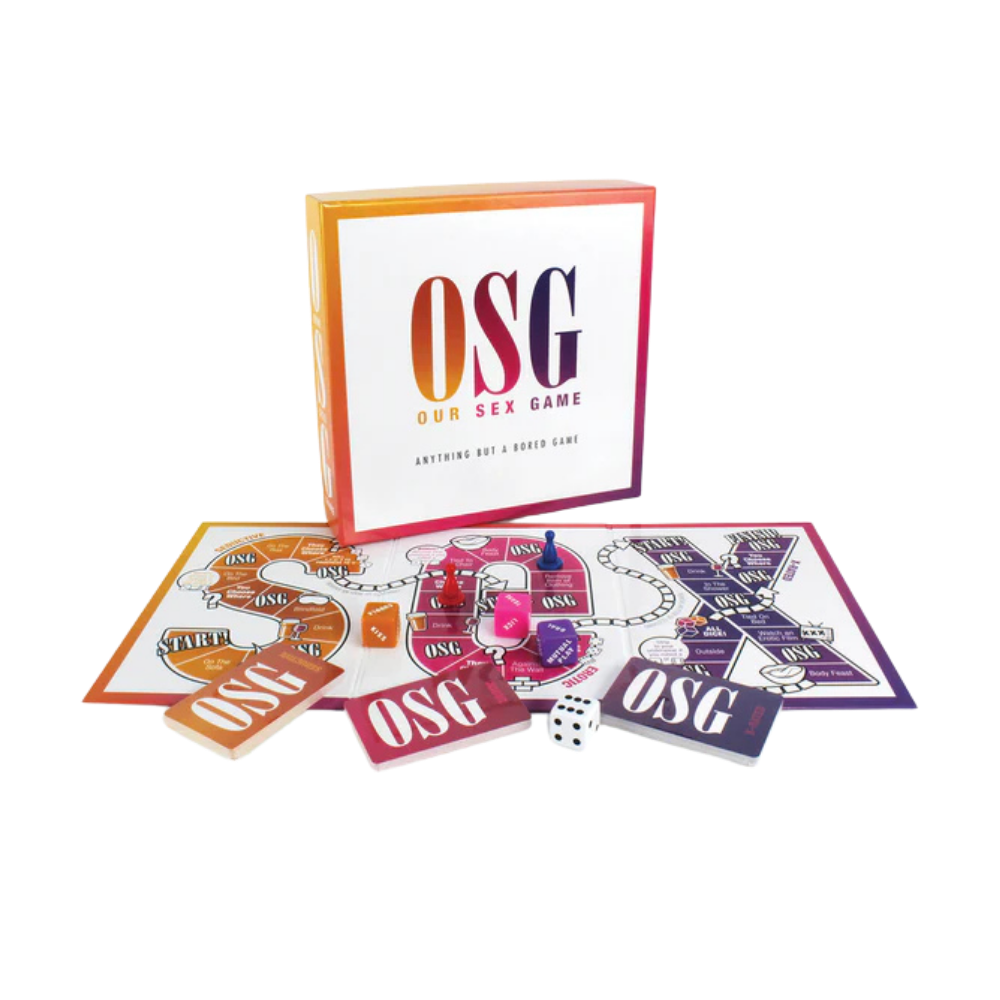 The board, dice, pawns and cards for Our Sex Game with the box.