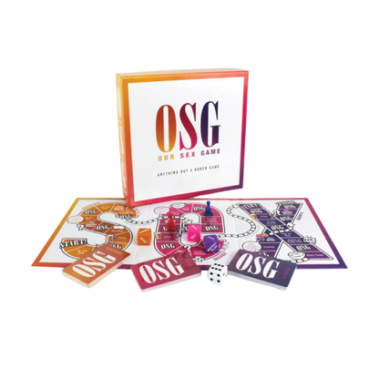 The board, dice, pawns and cards for Our Sex Game with the box.