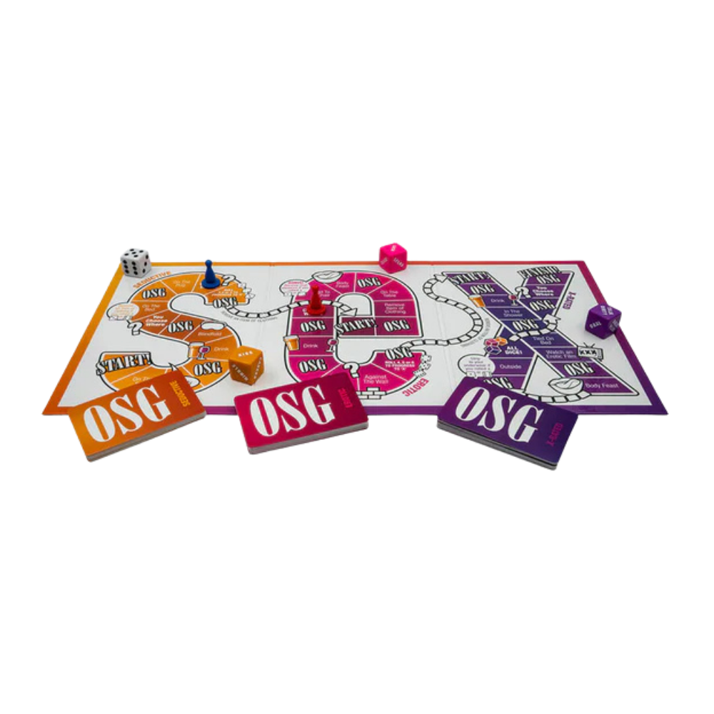 The board, dice, pawns and cards for Our Sex Game.