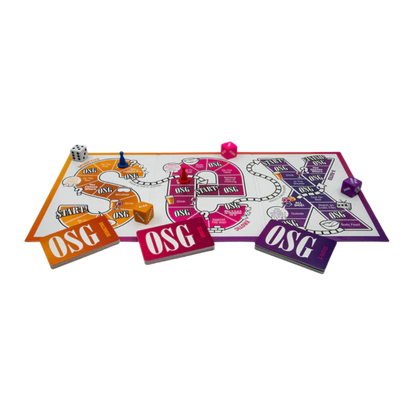 The board, dice, pawns and cards for Our Sex Game.