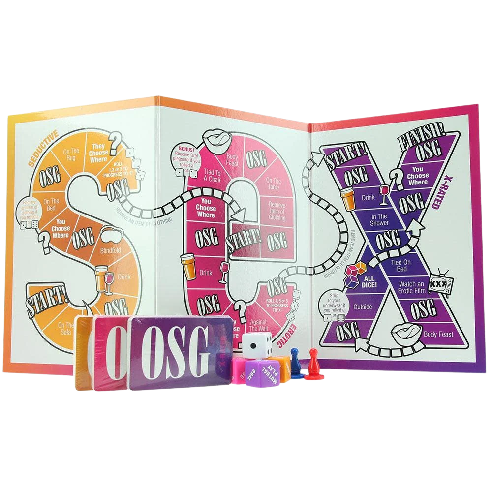 The board, dice, pawns and cards for Our Sex Game.
