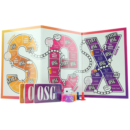 The board, dice, pawns and cards for Our Sex Game.