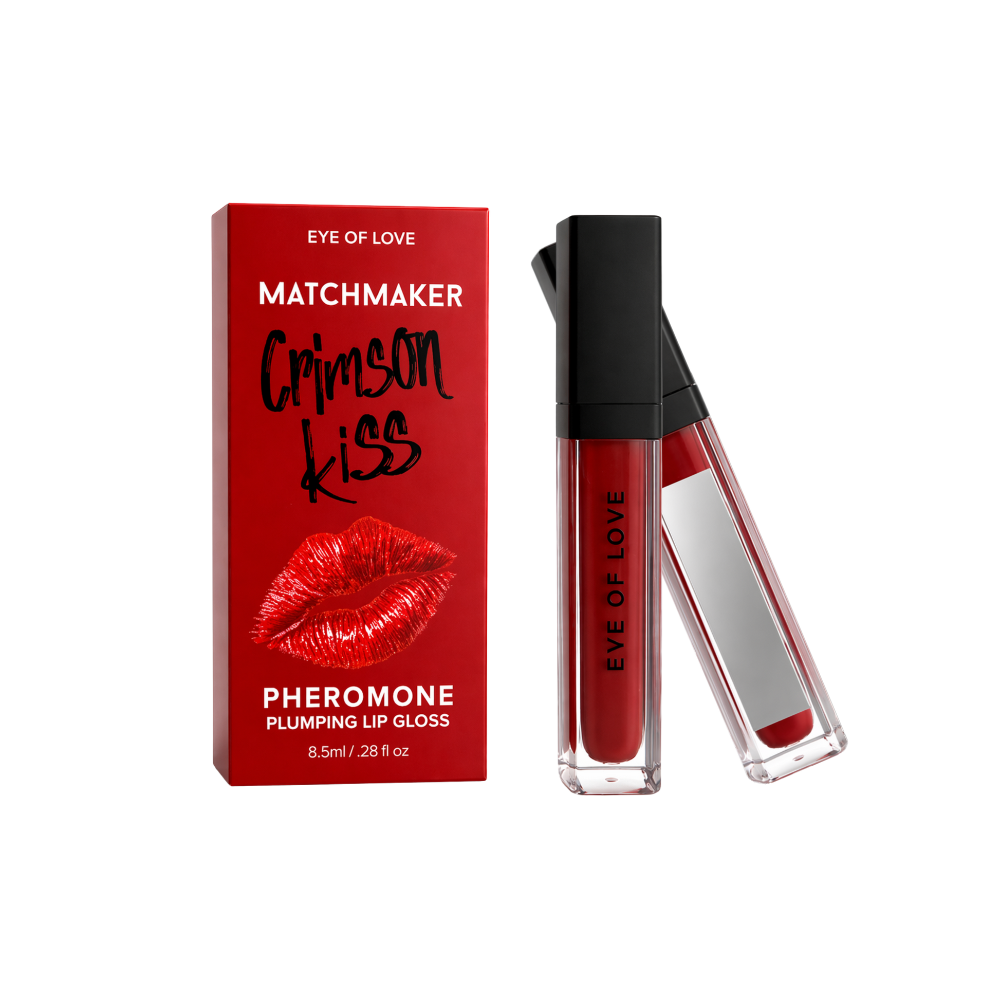 Two black and silver tube of pheromone plumping Crimson Kiss lip gloss by Eye of Love next to the box.