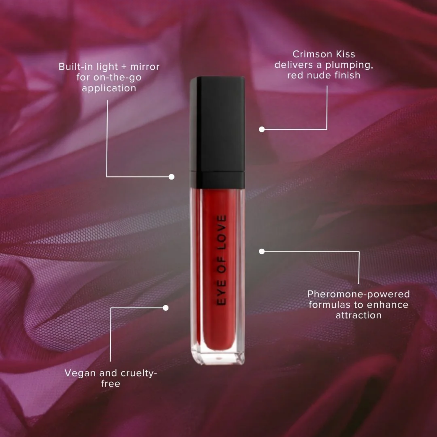 A red tube of plumping Crimson Kiss lip gloss by Eye of Love against a red background with lines pointing out details of the gloss.