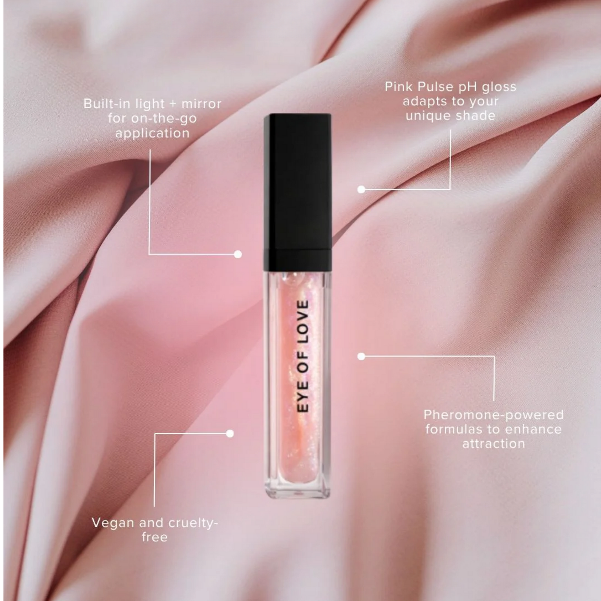 A pink tube of pH balanced Pink Pulse lip gloss by Eye of Love against a pink background with lines pointing out details of the gloss.