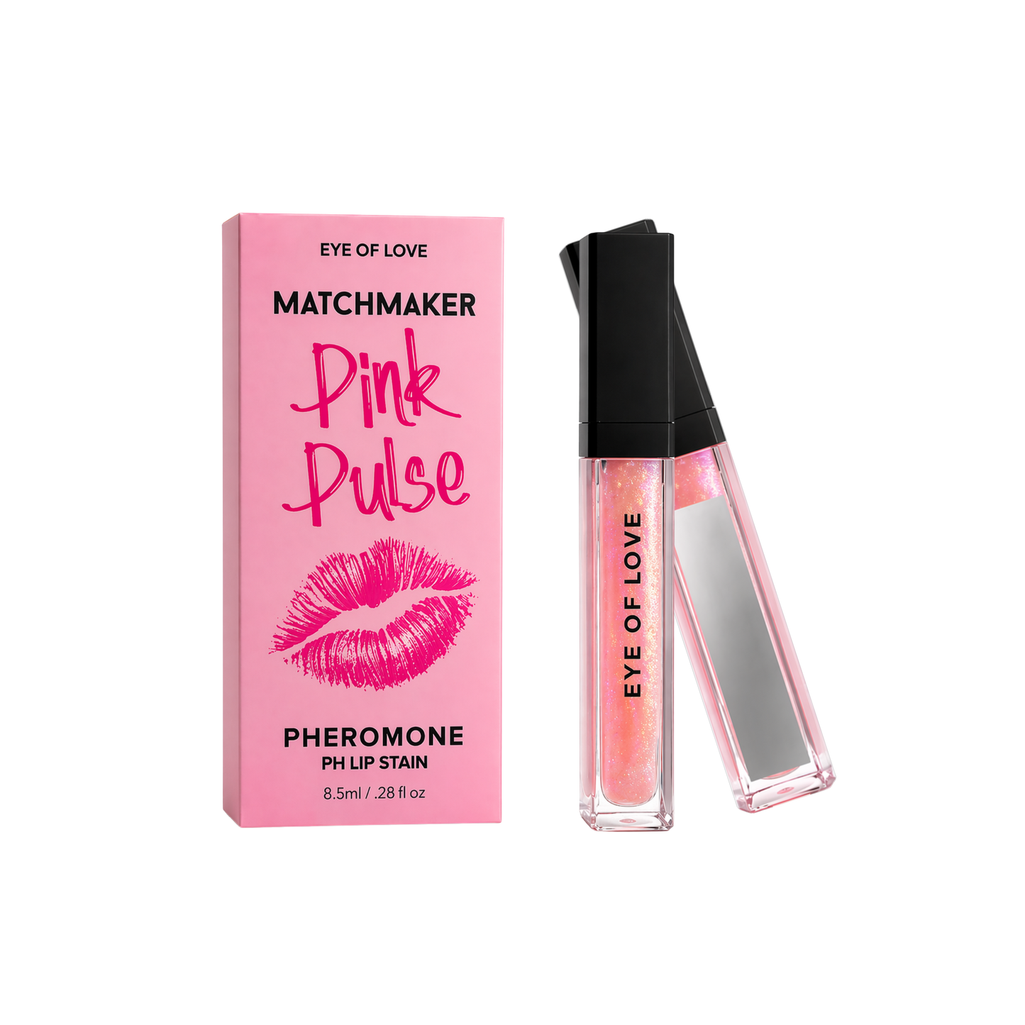 Two pink and silver tubes of pheromone pH balanced Pink Pulse lip gloss by Eye of Love sitting next to the box.