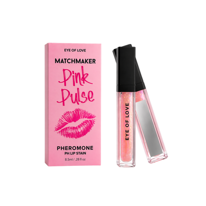 Two pink and silver tubes of pheromone pH balanced Pink Pulse lip gloss by Eye of Love sitting next to the box.