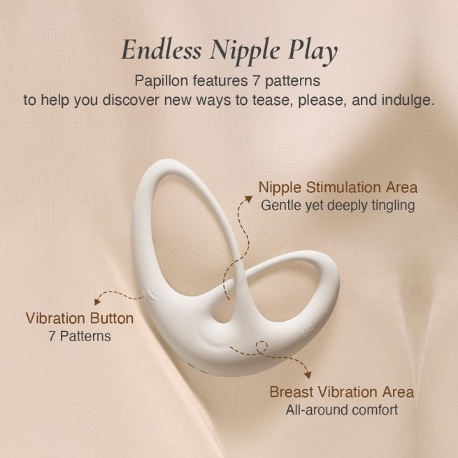 Product with nipple stimulation and breast vibration features on a beige background