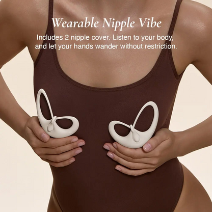 Wearable nipple vibes with text about the nipple cover included on a neutral background