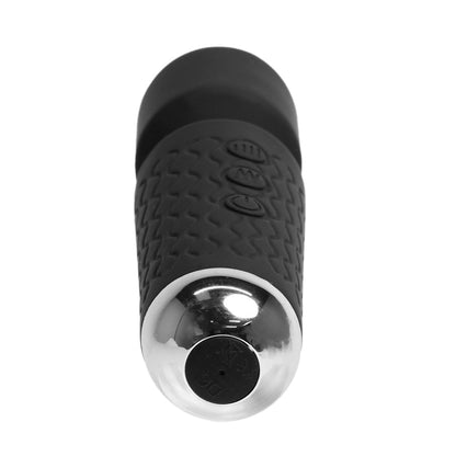 The bottom view of a black Petite Powerhouse Wand Vibrator Massager by Euforia against a white background.