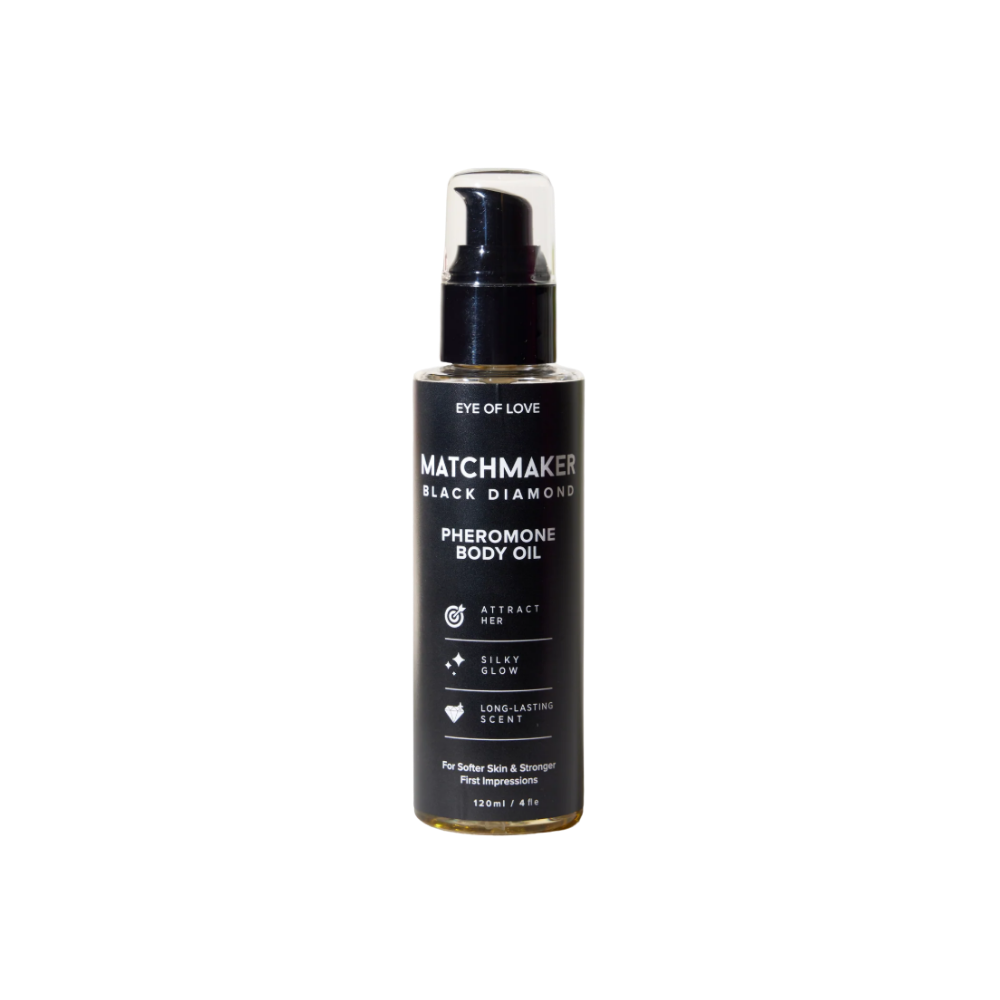 A bottle of Matchmaker Black Diamond Pheromone Body Oil by Eye of Love.