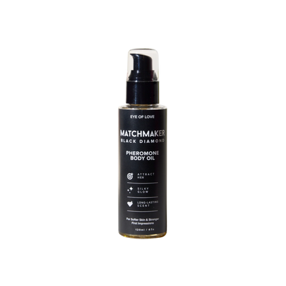 A bottle of Matchmaker Black Diamond Pheromone Body Oil by Eye of Love.