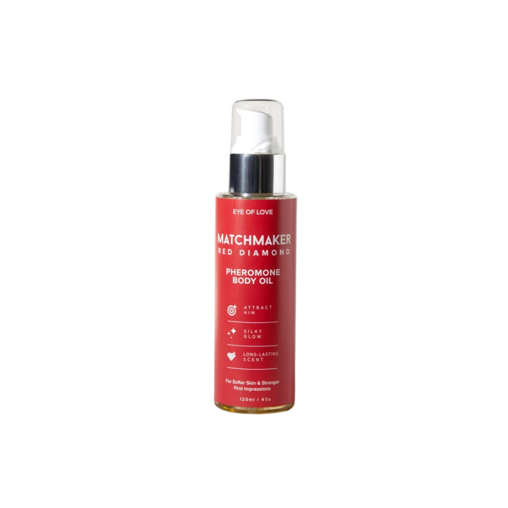 A bottle of Matchmaker Red Diamond Pheromone Body Oil by Eye of Love.