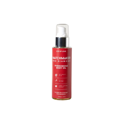 A bottle of Matchmaker Red Diamond Pheromone Body Oil by Eye of Love.