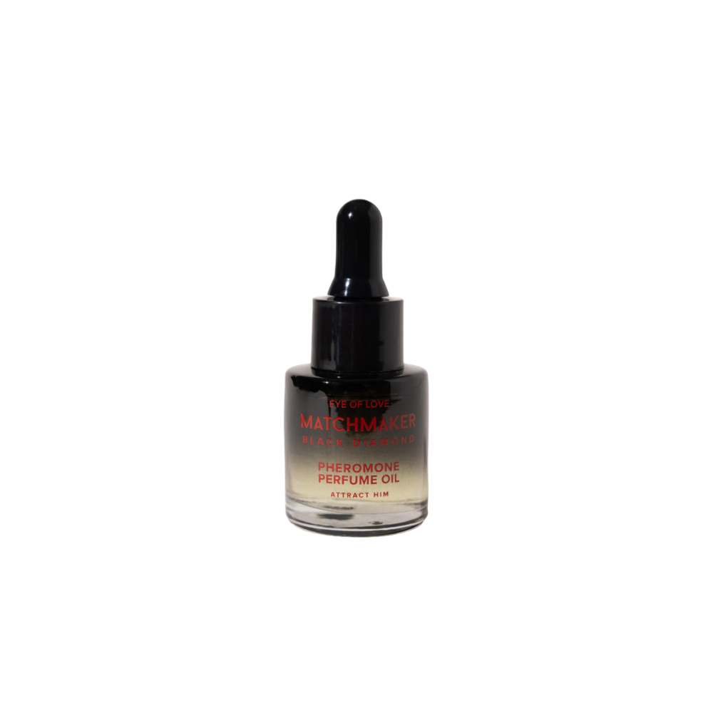 A black and white dropper bottle of Pheromone Perfume Oil Matchmaker Black Diamond by Eye of Love for Attract Him.