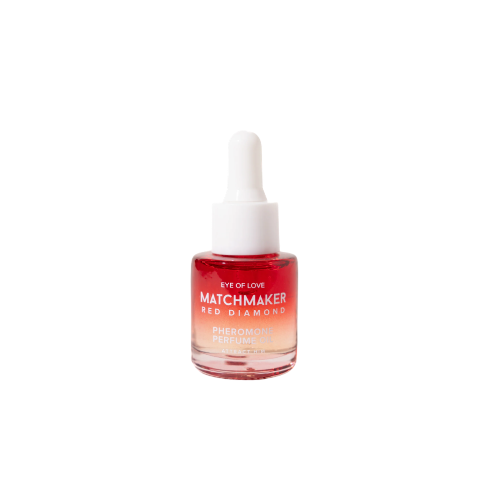 A red and white dropper bottle of Pheromone Perfume Oil Matchmaker Red Diamond by Eye of Love for Attract Her.