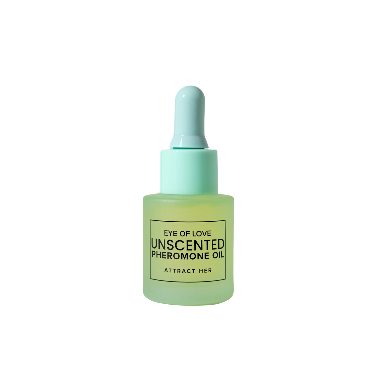 A green dropper bottle of Pheromone Perfume Oil Matchmaker Unscented by Eye of Love for Attract Her.