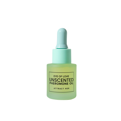 A green dropper bottle of Pheromone Perfume Oil Matchmaker Unscented by Eye of Love for Attract Her.