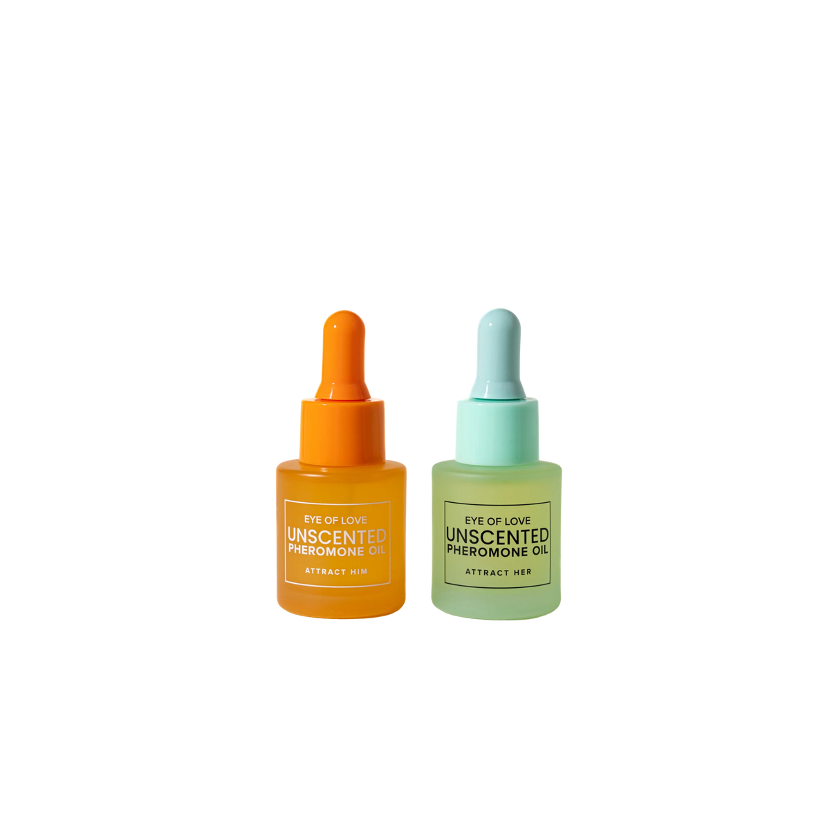 A green dropper bottle and an orange dropper bottle of Pheromone Perfume Oil Matchmaker Unscented by Eye of Love for Attract Her and Attract Him.