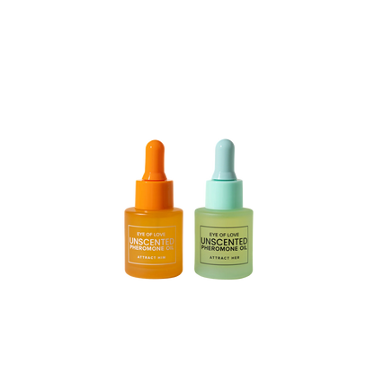 A green dropper bottle and an orange dropper bottle of Pheromone Perfume Oil Matchmaker Unscented by Eye of Love for Attract Her and Attract Him.