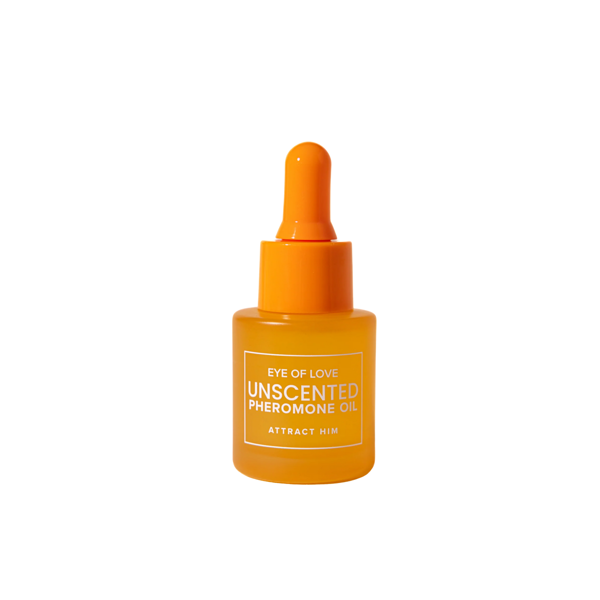 An orange dropper bottle of Pheromone Perfume Oil Matchmaker Unscented by Eye of Love for Attract Him.