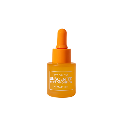 An orange dropper bottle of Pheromone Perfume Oil Matchmaker Unscented by Eye of Love for Attract Him.