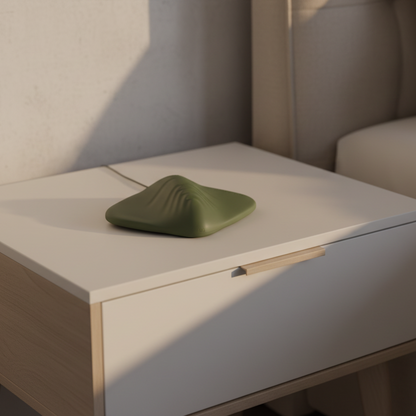 Green silicone grinding pad on a bedside table