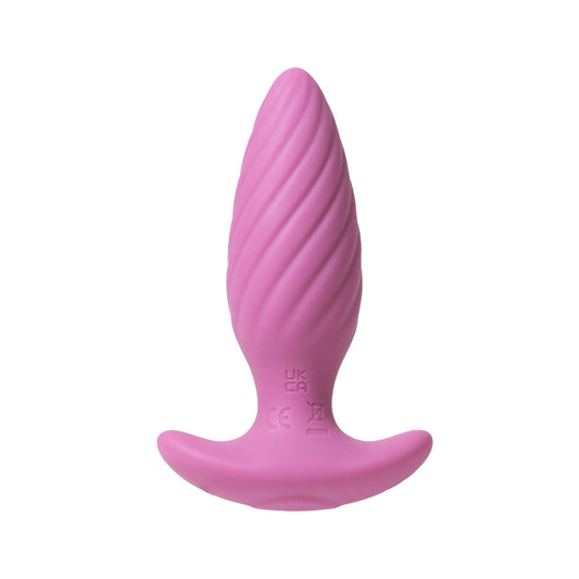 Pink silicone butt plug on a white background